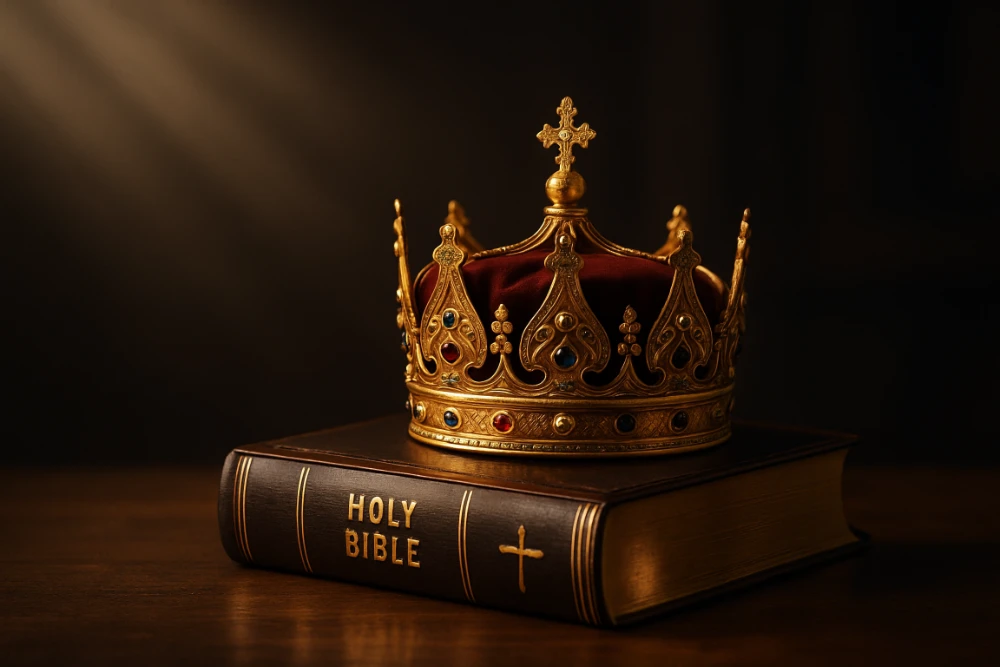 Picture of a Bible sitting on a table. A beautiful gold crown sits atop the Bible symbolizing the sovereignty of God and His word.