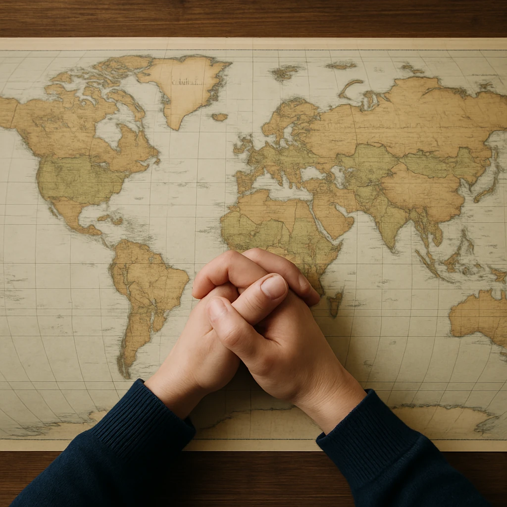 Hands folded in prayer on top of a world map